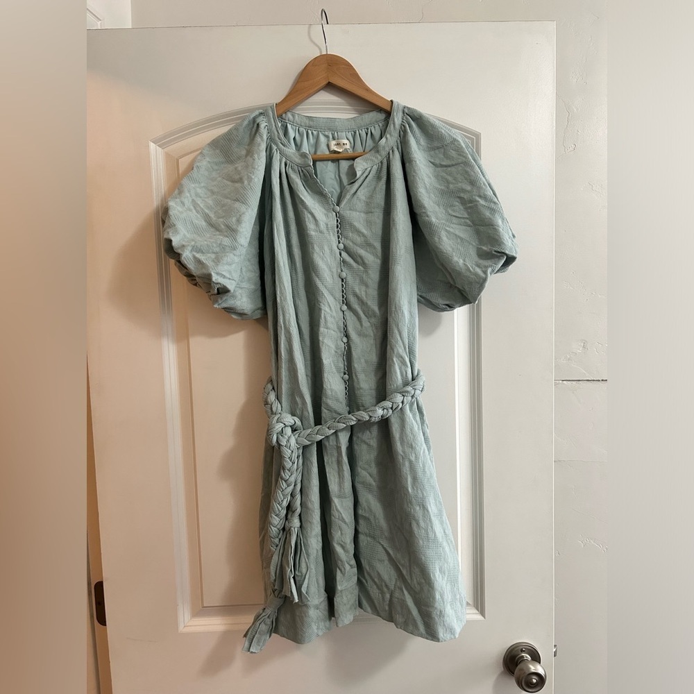 Just me sage green mini dress with puff sleeve‎ dress with rope tie